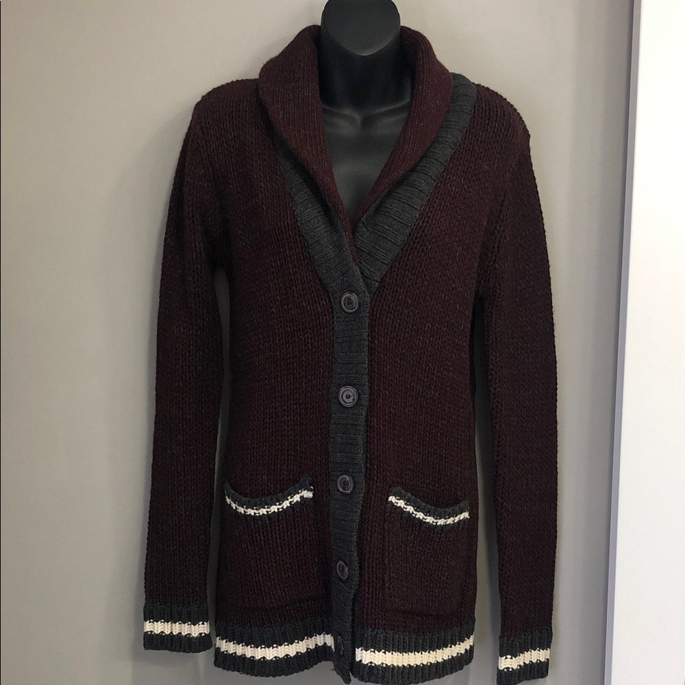 Bluenotes Chunky Knit Cardigan – Women’s Medium – Maroon & Grey